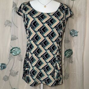 Attention Black and Teal Geometric Blouse
